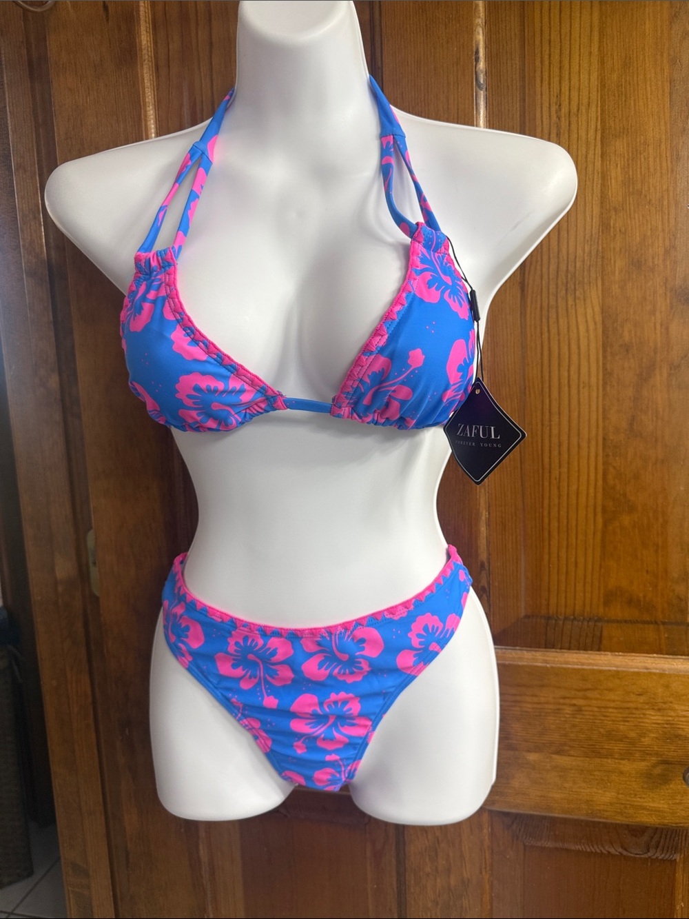 Zaful Bright Blue & Hot Pink Floral Halter Bikini Set